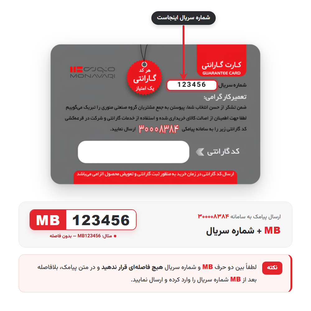 نمونهٔ قالب پیامک شمارهٔ سریال کارت گارانتی